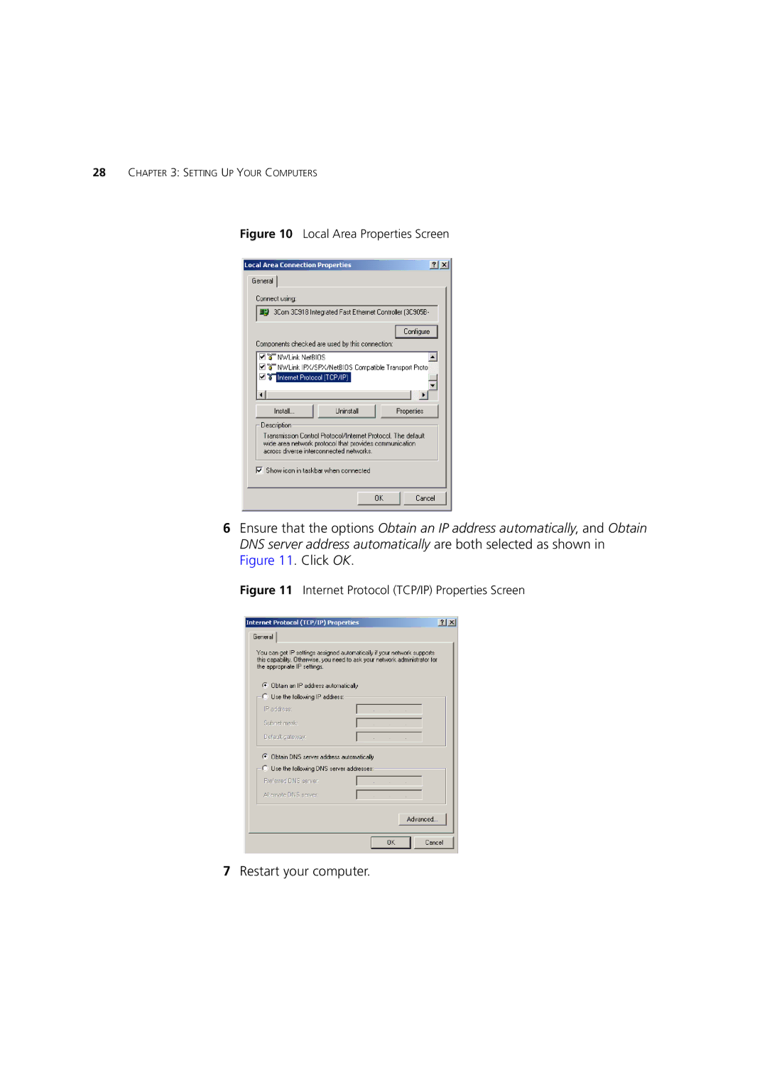 3Com WL-603 manual Restart your computer, Local Area Properties Screen 