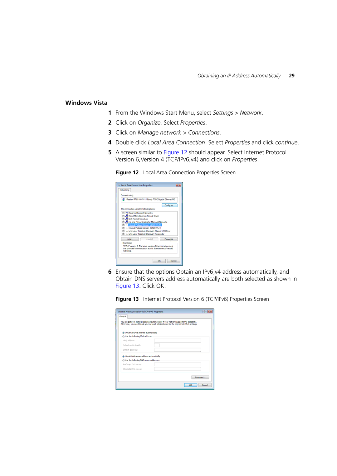 3Com WL-603 manual Windows Vista, Local Area Connection Properties Screen 