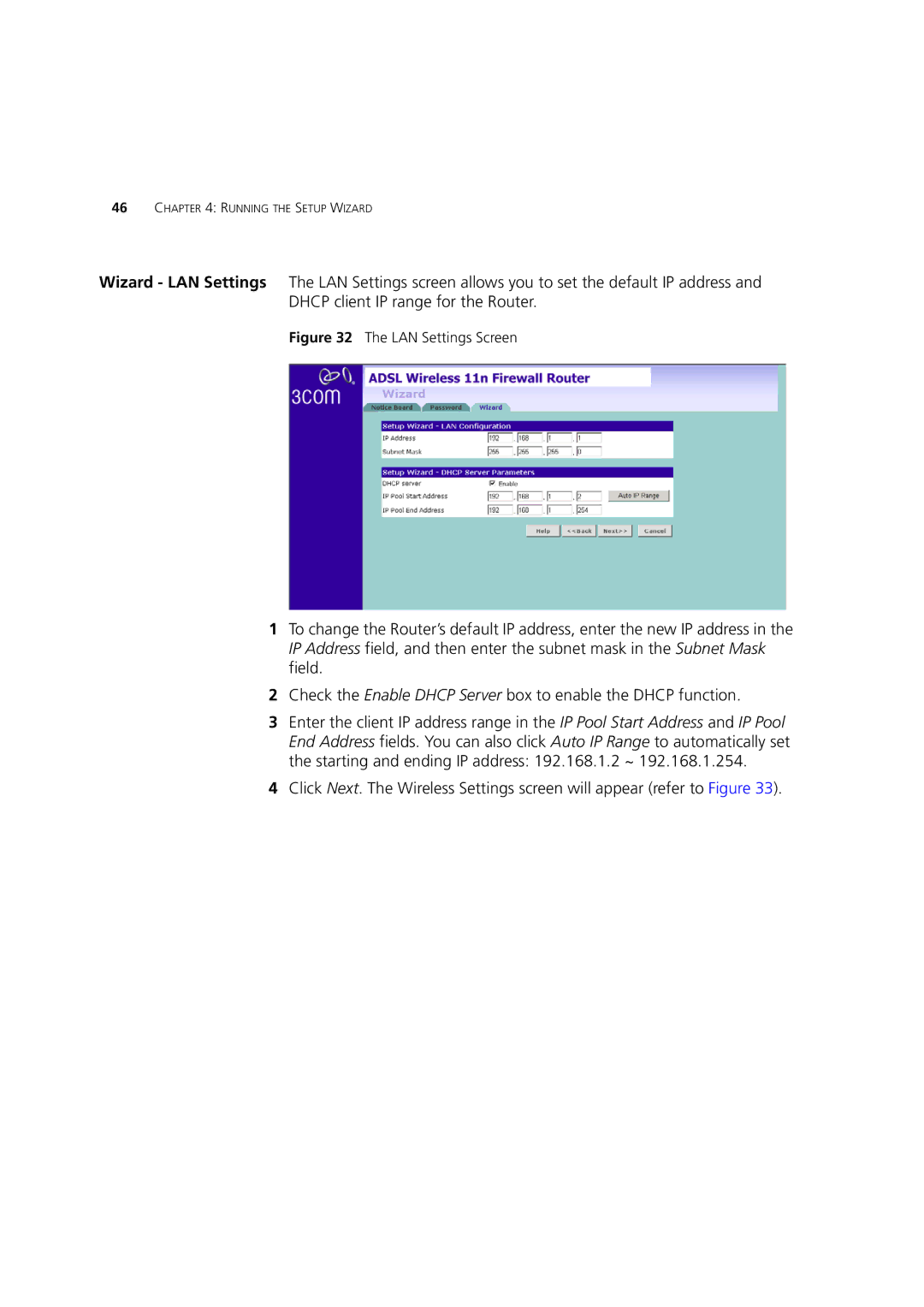 3Com WL-603 manual LAN Settings Screen 