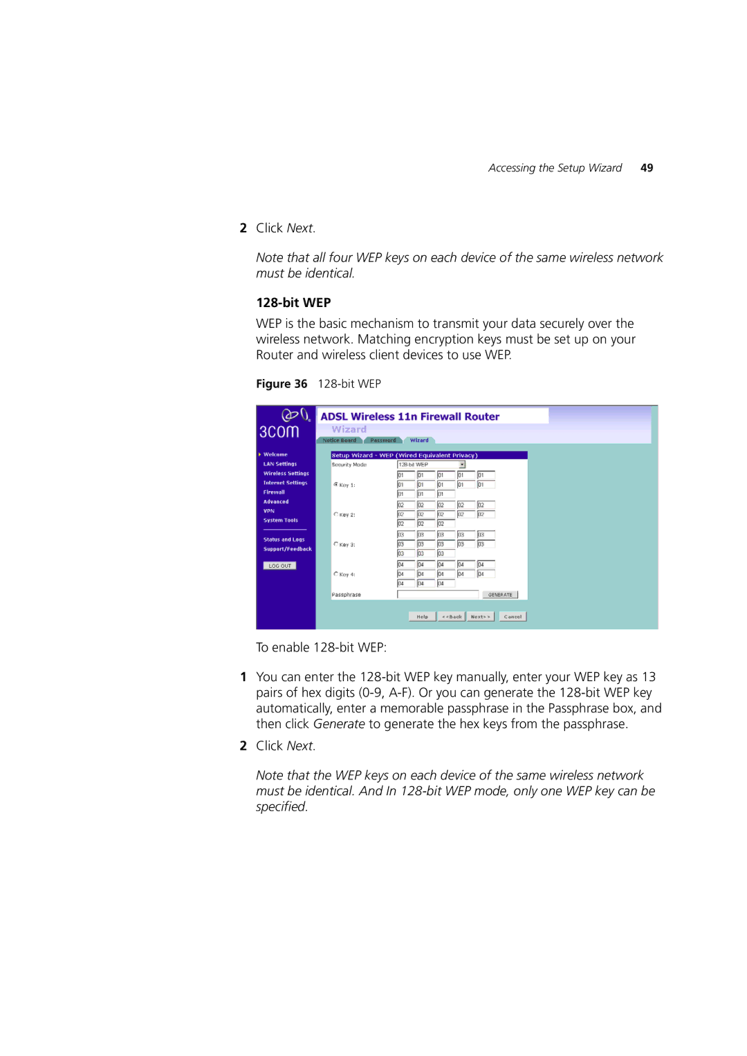 3Com WL-603 manual To enable 128-bit WEP 