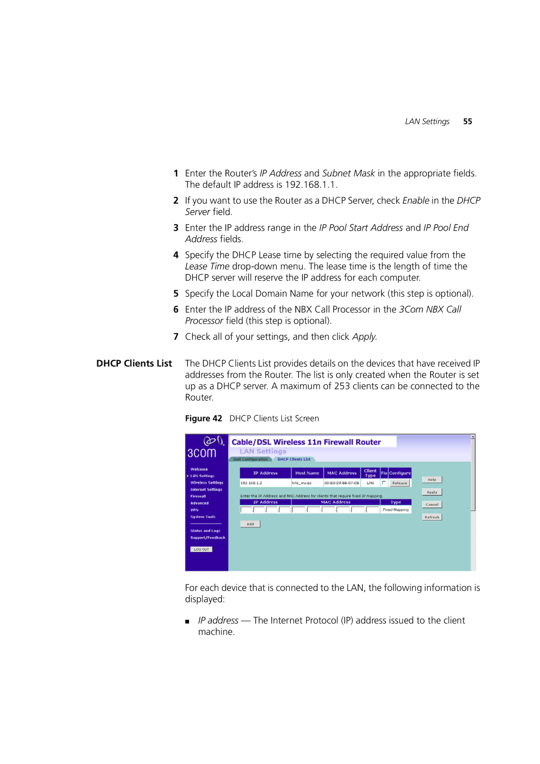 3Com WL-603 manual Dhcp Clients List Screen 