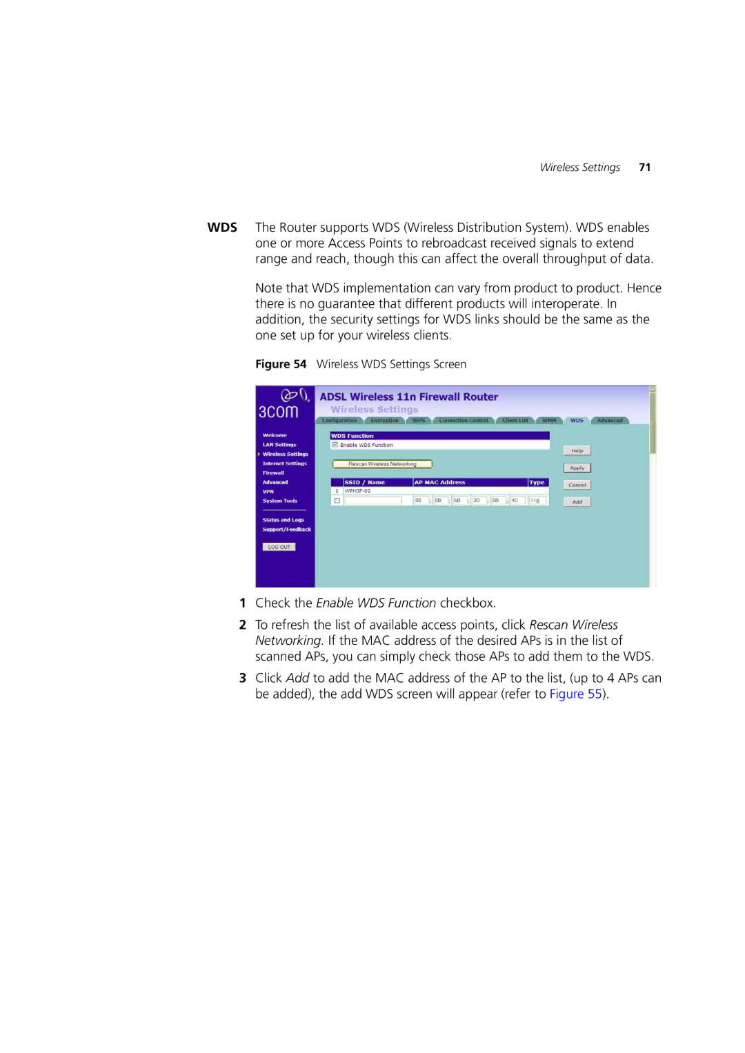 3Com WL-603 manual Check the Enable WDS Function checkbox 