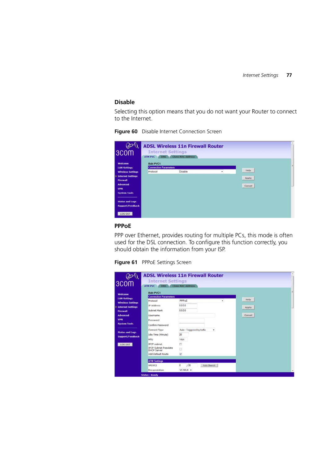 3Com WL-603 manual Disable Internet Connection Screen 