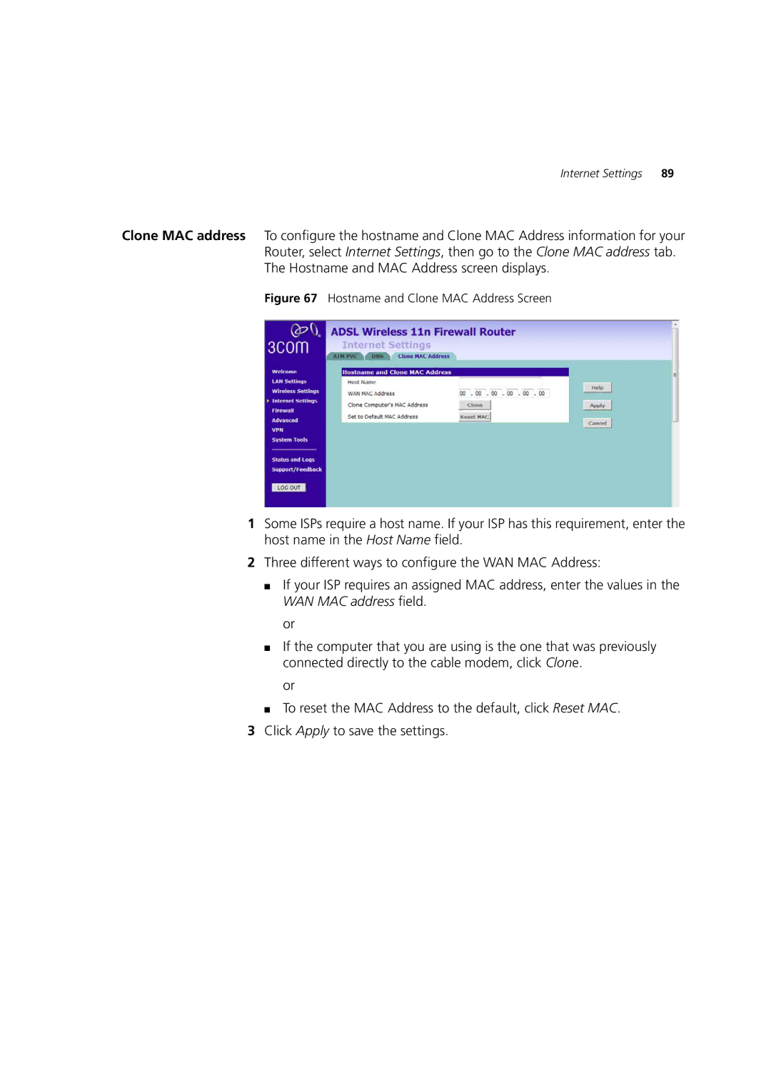 3Com WL-603 manual Hostname and Clone MAC Address Screen 