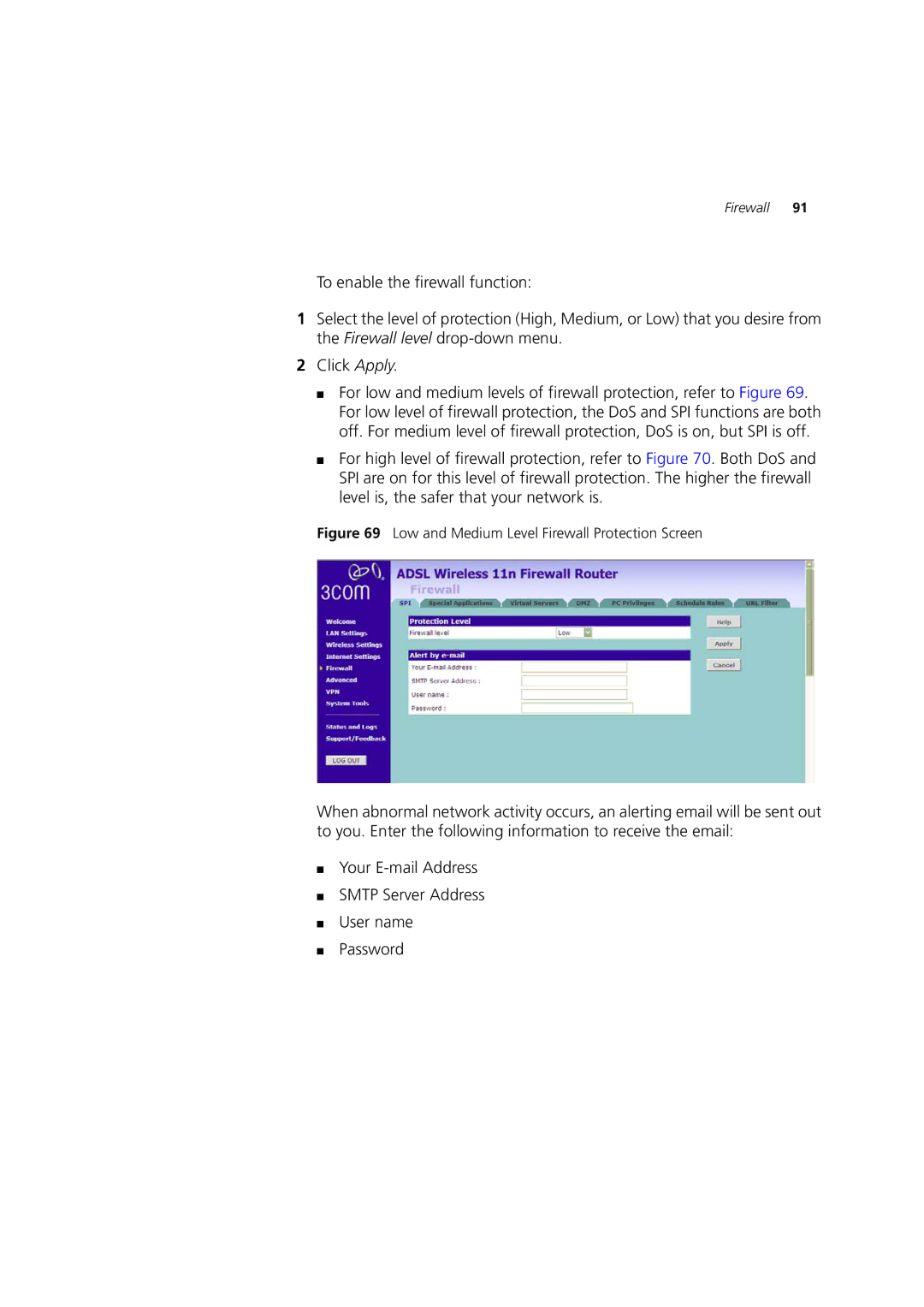3Com WL-603 manual Low and Medium Level Firewall Protection Screen 