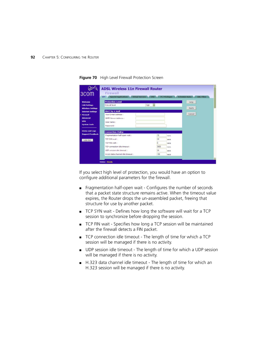 3Com WL-603 manual High Level Firewall Protection Screen 