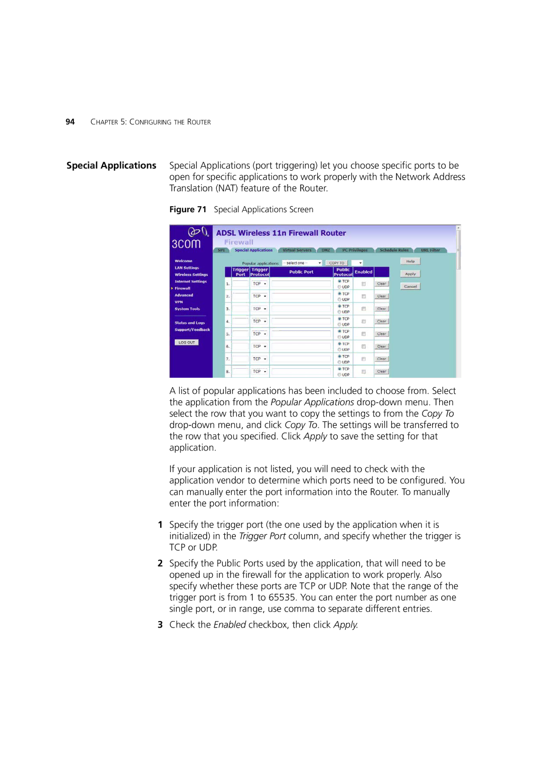 3Com WL-603 manual Check the Enabled checkbox, then click Apply, Special Applications Screen 