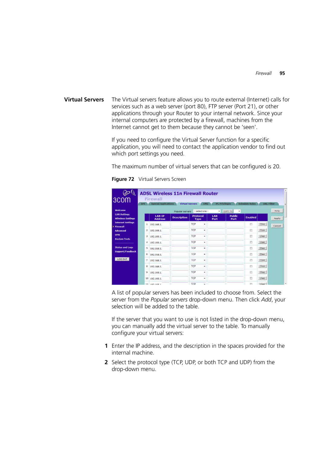 3Com WL-603 manual Virtual Servers Screen 