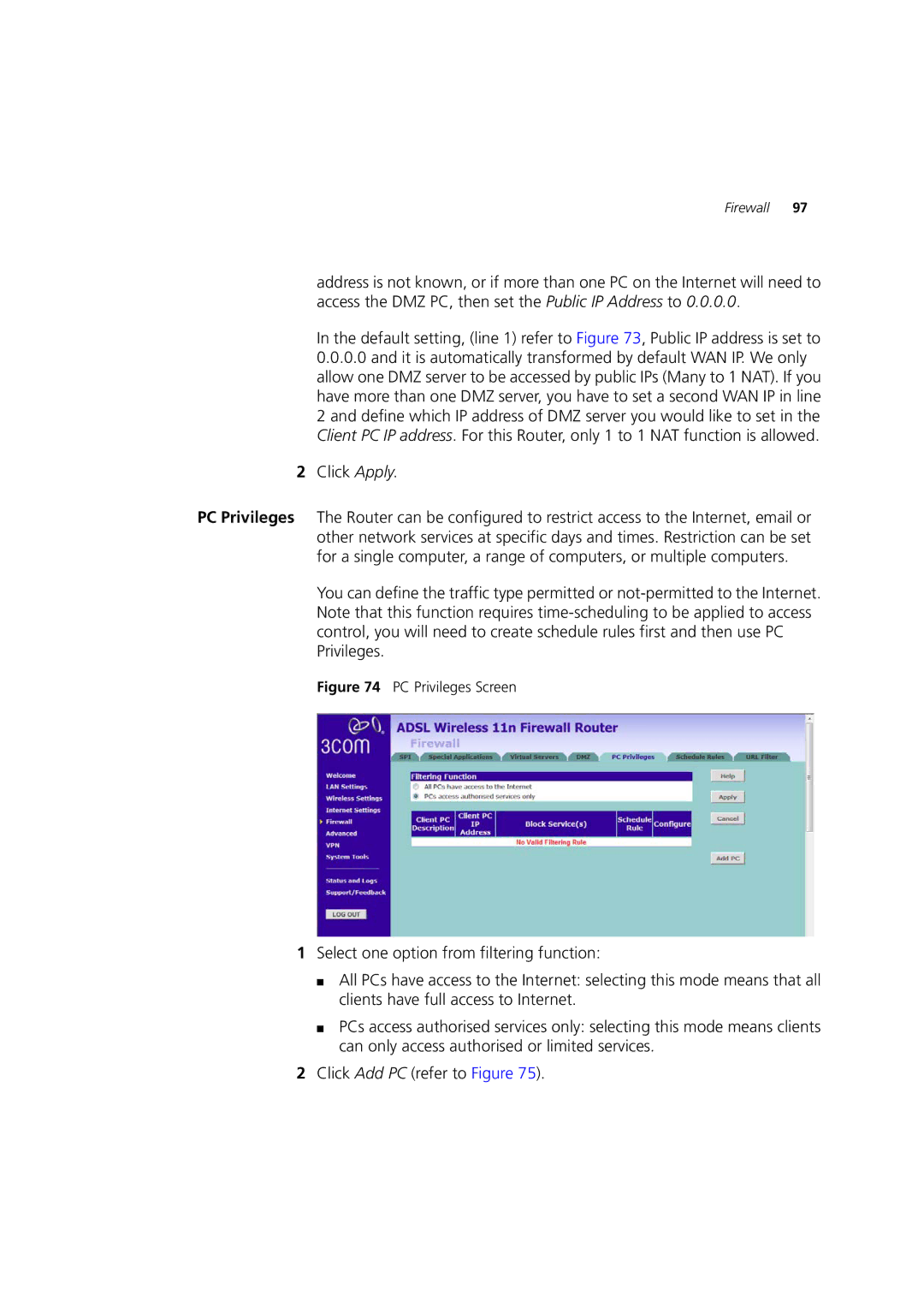 3Com WL-603 manual PC Privileges Screen 