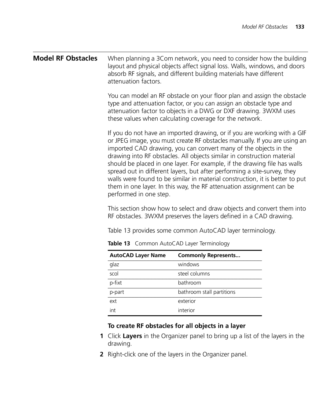 3Com WX2200 manual To create RF obstacles for all objects in a layer, Common AutoCAD Layer Terminology 