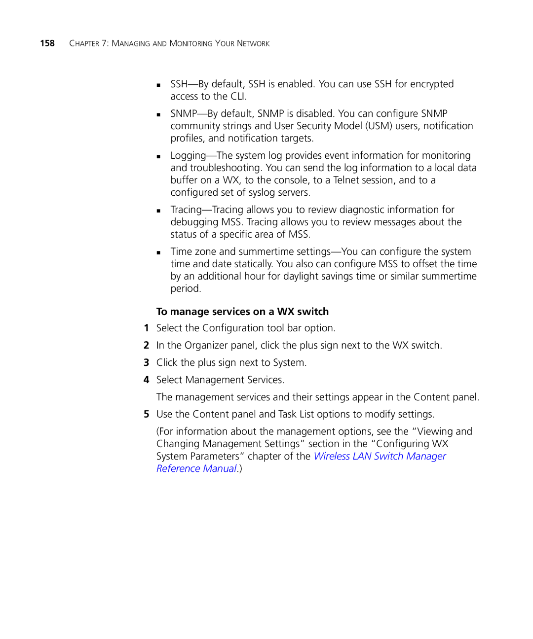 3Com WX2200 manual To manage services on a WX switch 