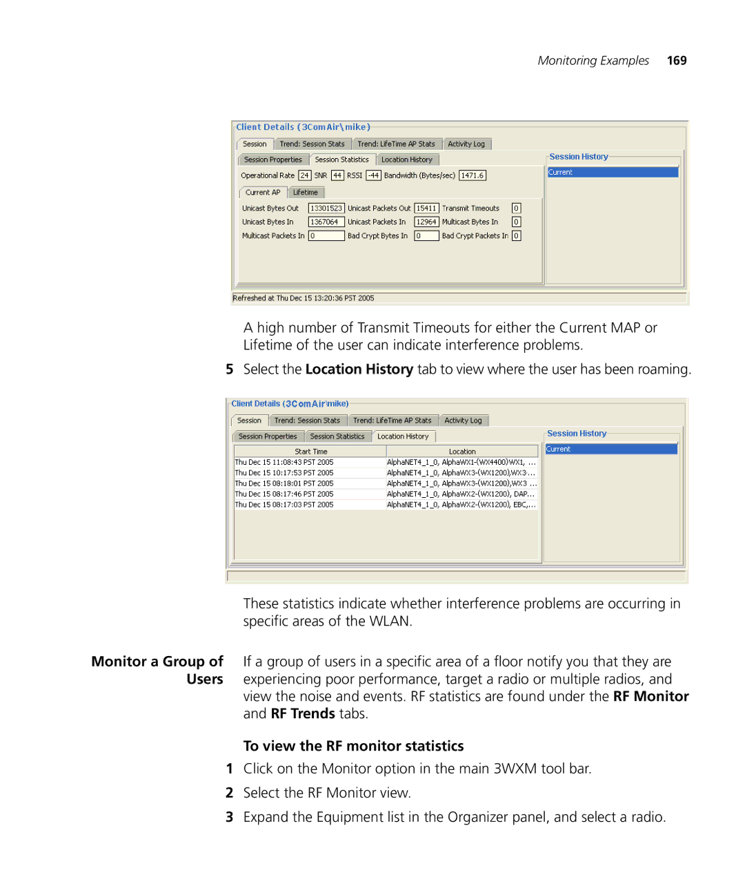 3Com WX2200 manual To view the RF monitor statistics 