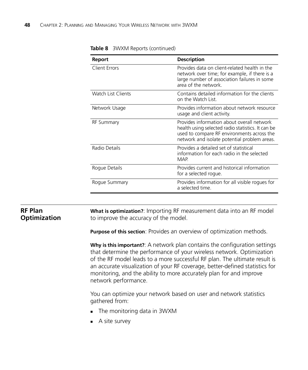 3Com WX2200 manual RF Plan, Optimization, To improve the accuracy of the model, Network performance 