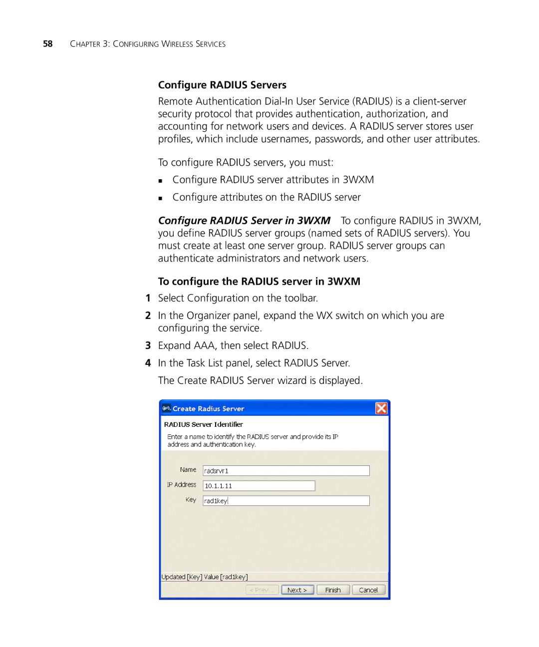 3Com WX2200 manual Configure Radius Servers, To configure the Radius server in 3WXM 