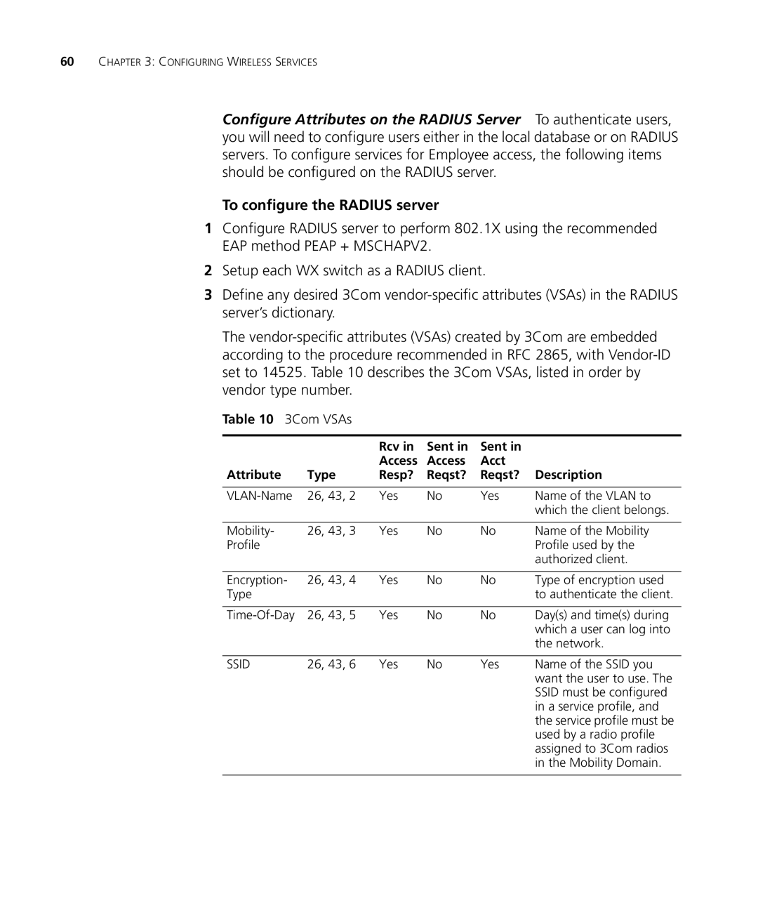 3Com WX2200 manual To configure the Radius server, 3Com VSAs 