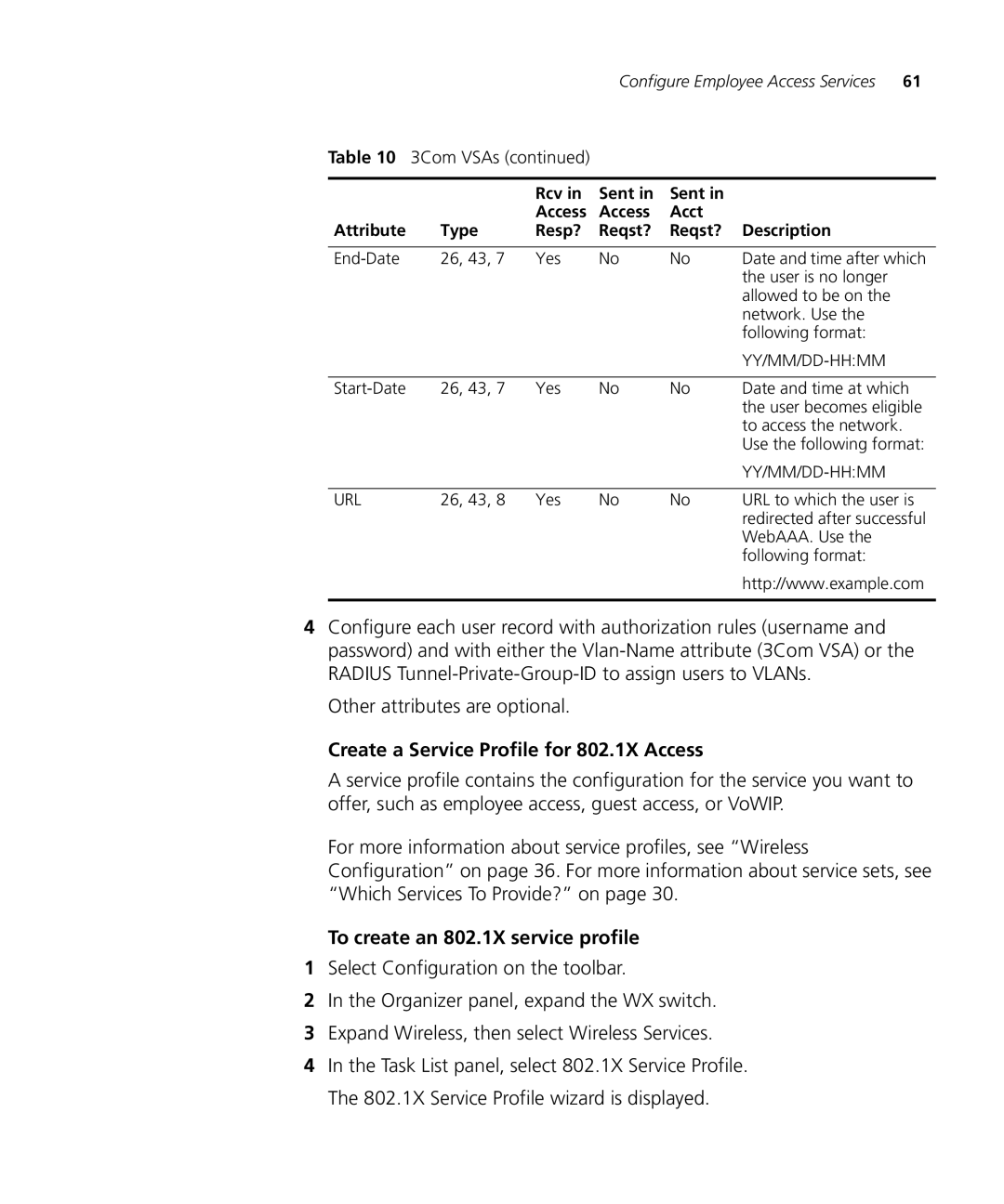 3Com WX2200 manual Create a Service Profile for 802.1X Access, To create an 802.1X service profile 