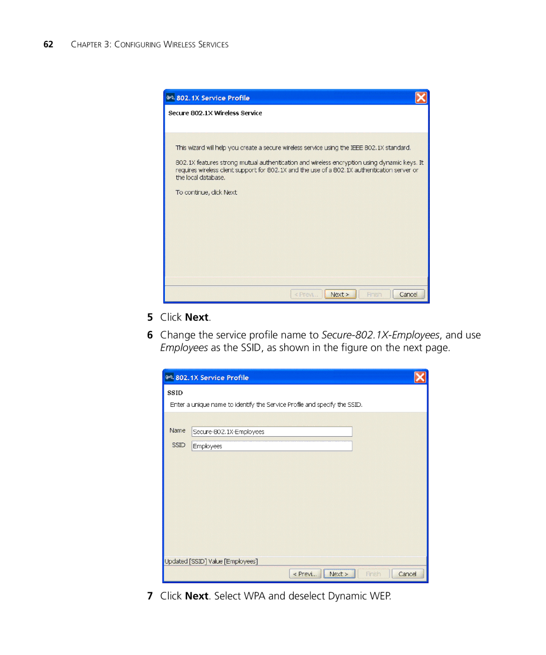 3Com WX2200 manual Click Next. Select WPA and deselect Dynamic WEP 