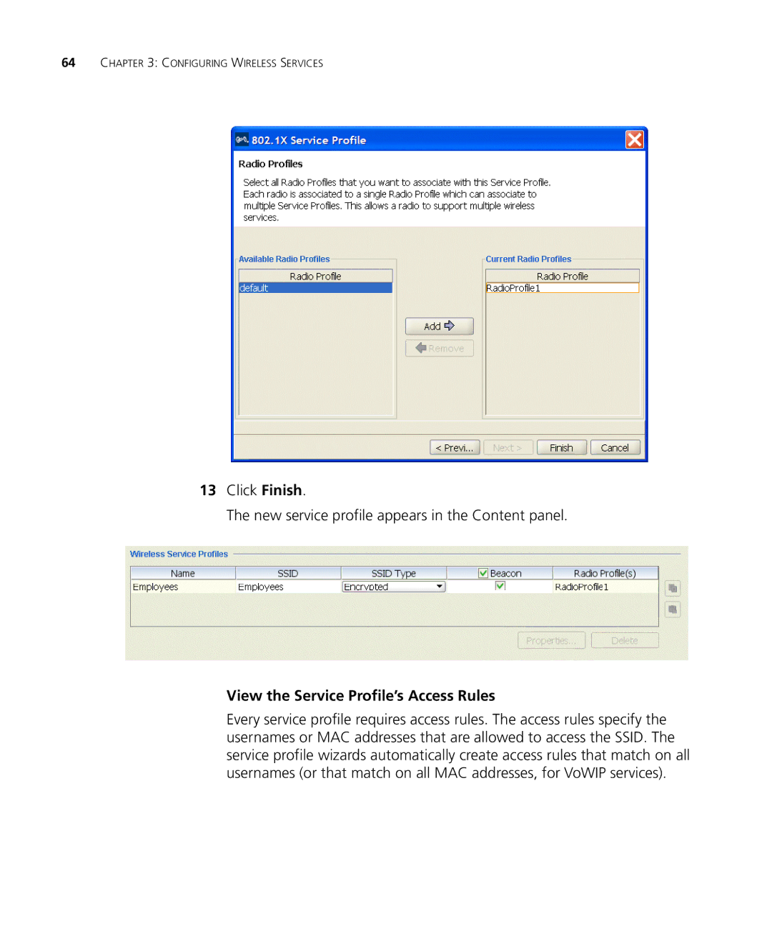 3Com WX2200 manual View the Service Profile’s Access Rules 