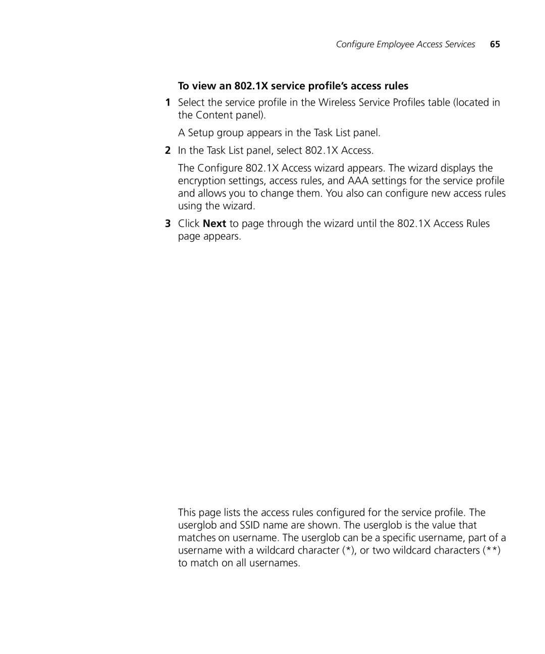 3Com WX2200 manual To view an 802.1X service profile’s access rules 