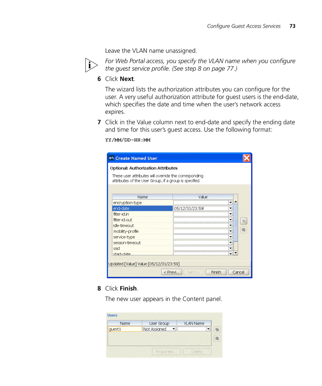 3Com WX2200 manual Leave the Vlan name unassigned, Click Finish New user appears in the Content panel 