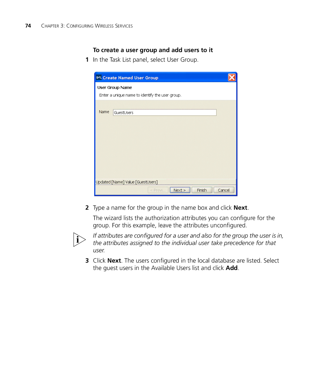 3Com WX2200 manual To create a user group and add users to it 