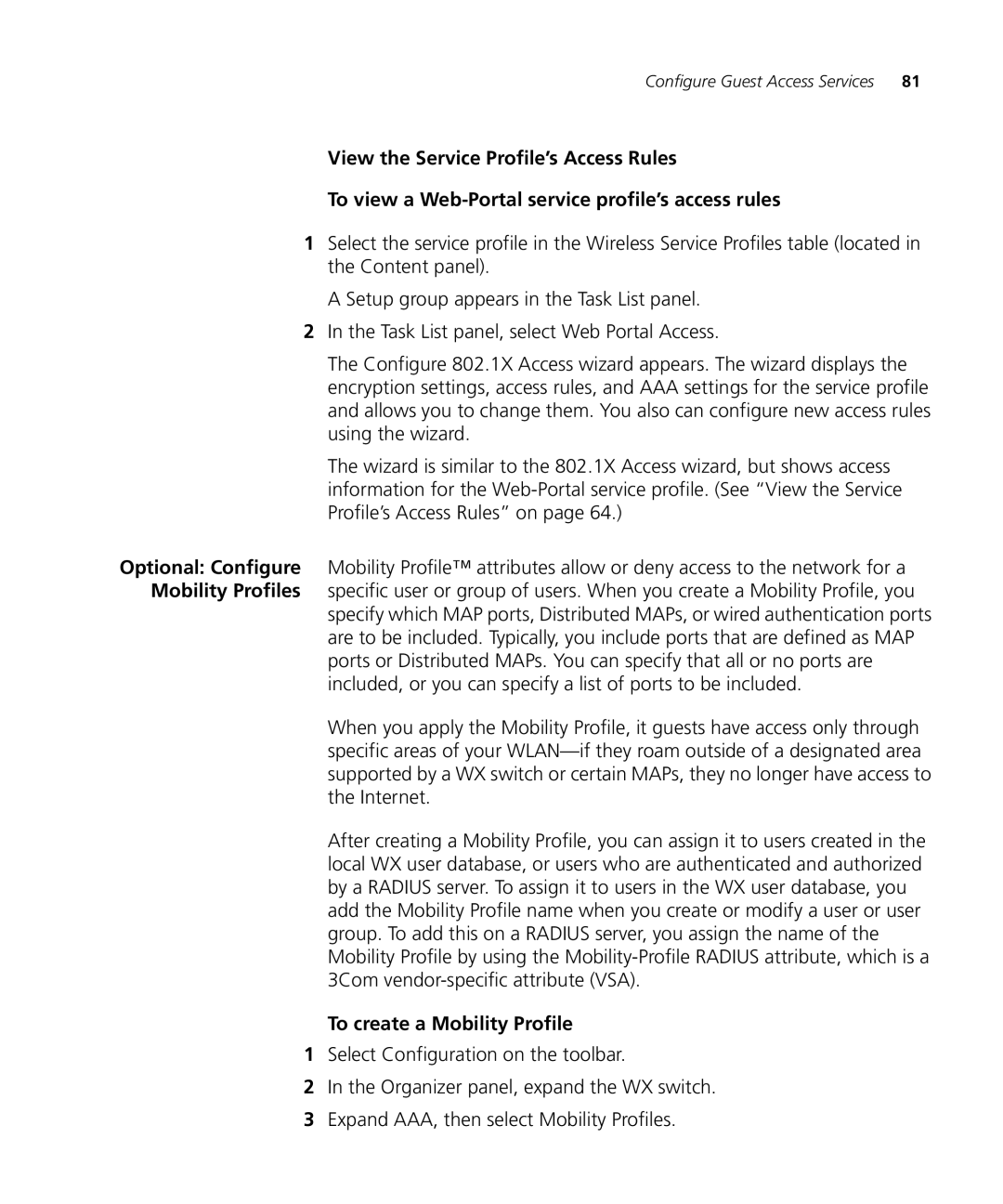 3Com WX2200 manual To create a Mobility Profile 