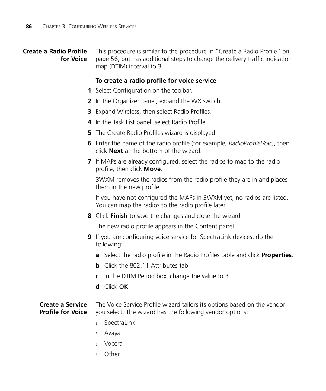 3Com WX2200 manual Map Dtim interval to, To create a radio profile for voice service 