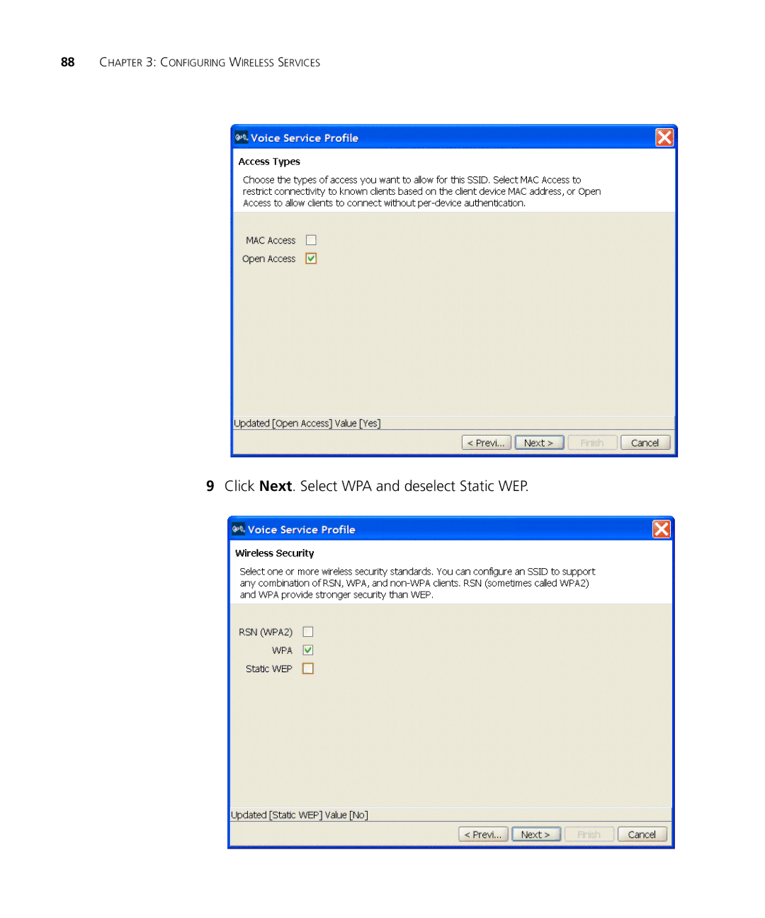 3Com WX2200 manual Click Next. Select WPA and deselect Static WEP 