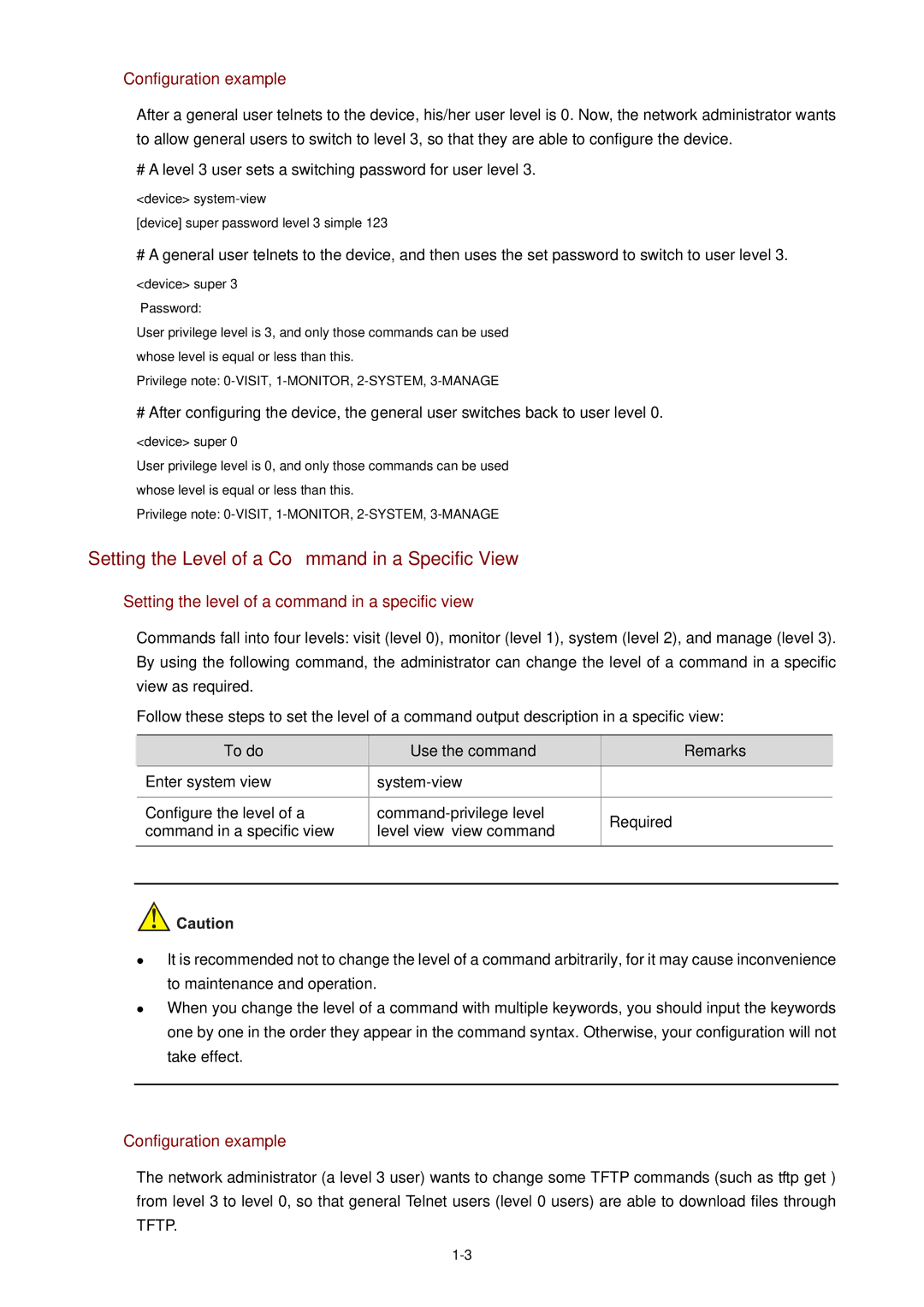 3Com WX3000 operation manual Setting the Level of a Command in a Specific View, Configuration example 