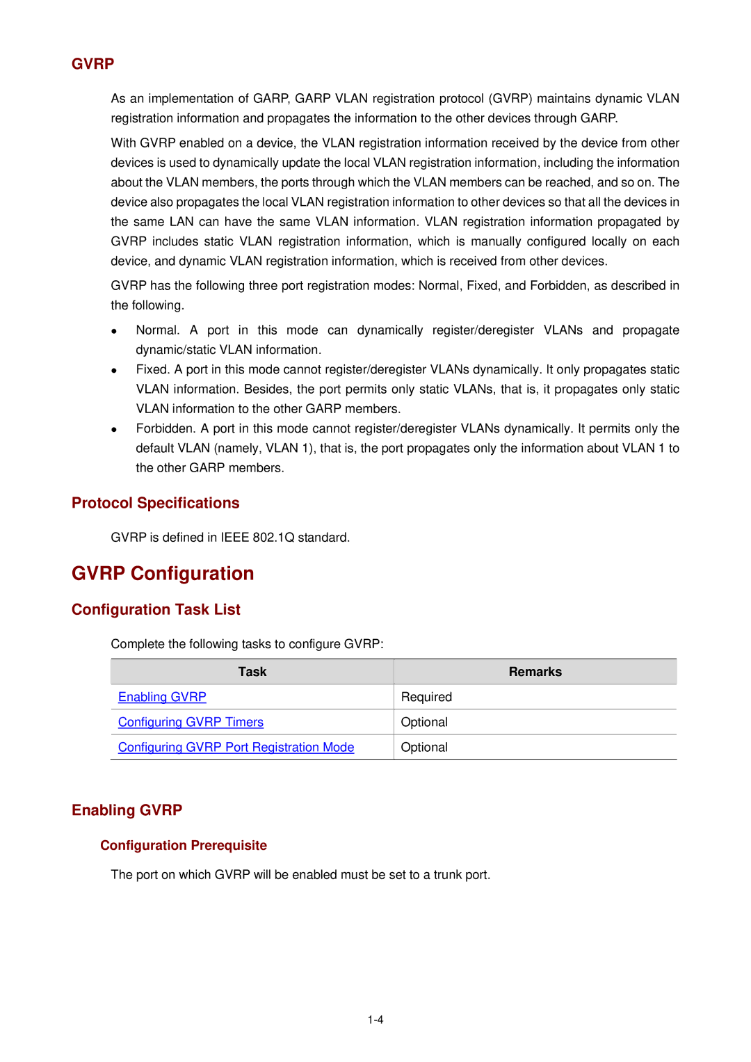 3Com WX3000 operation manual Gvrp Configuration, Protocol Specifications, Enabling Gvrp, Configuration Prerequisite 