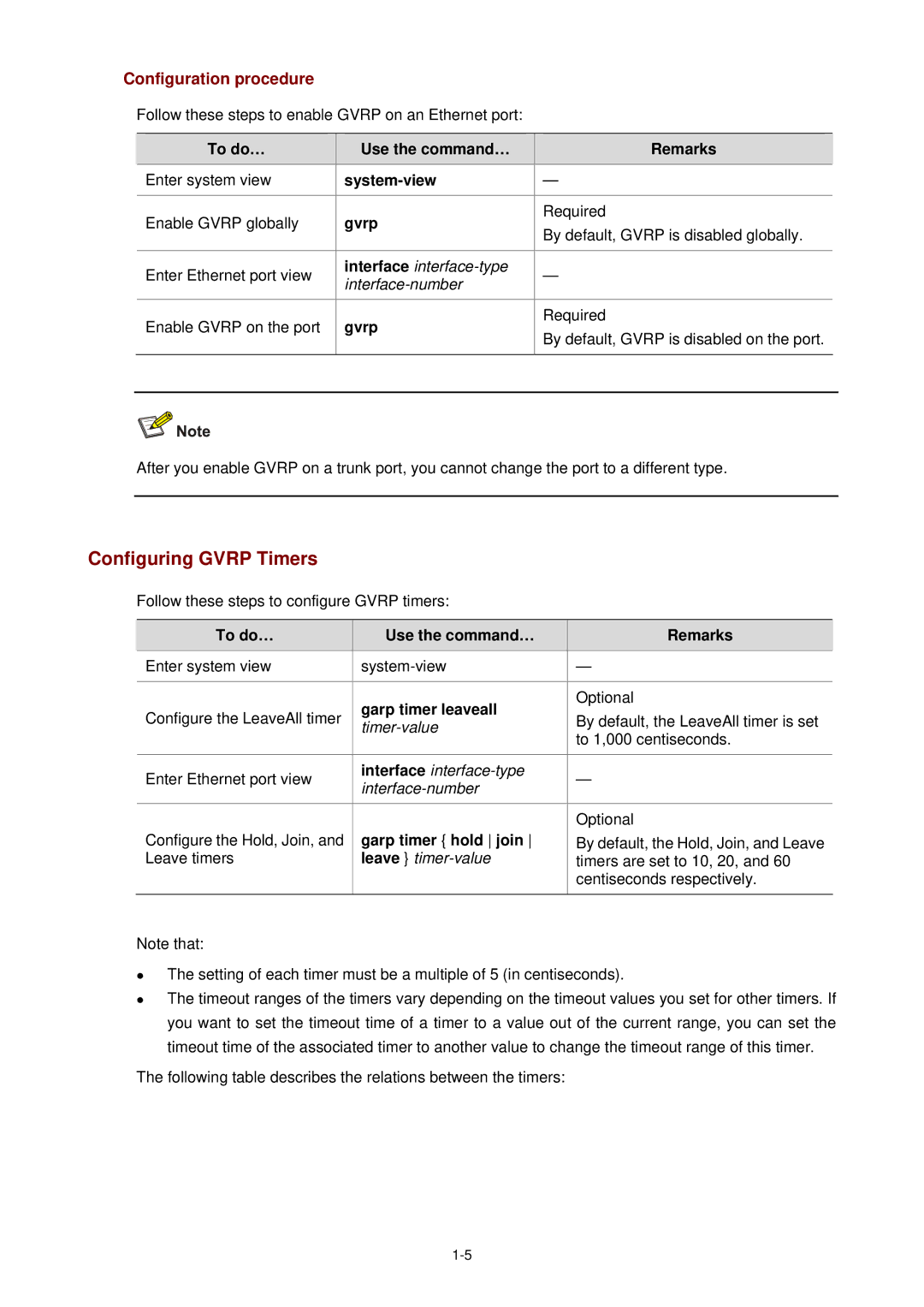 3Com WX3000 operation manual Configuring Gvrp Timers, Garp timer leaveall, Garp timer hold join 