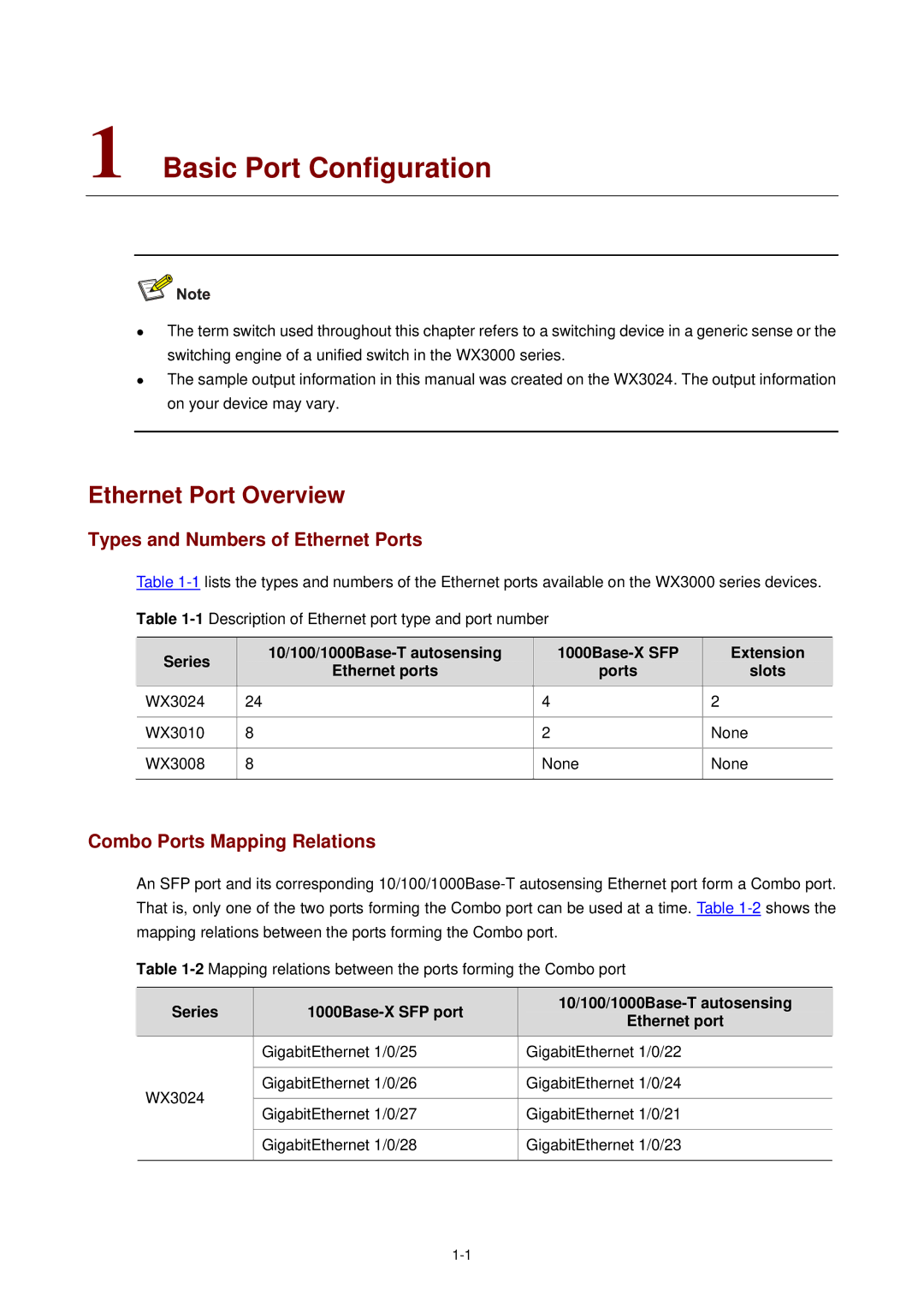 3Com WX3000 operation manual Basic Port Configuration, Ethernet Port Overview, Types and Numbers of Ethernet Ports 