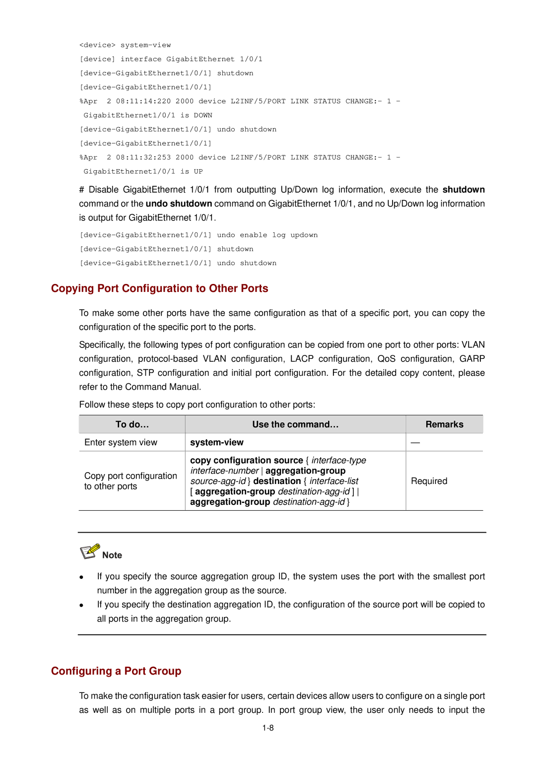 3Com WX3000 Copying Port Configuration to Other Ports, Configuring a Port Group, Aggregation-group destination-agg-id 