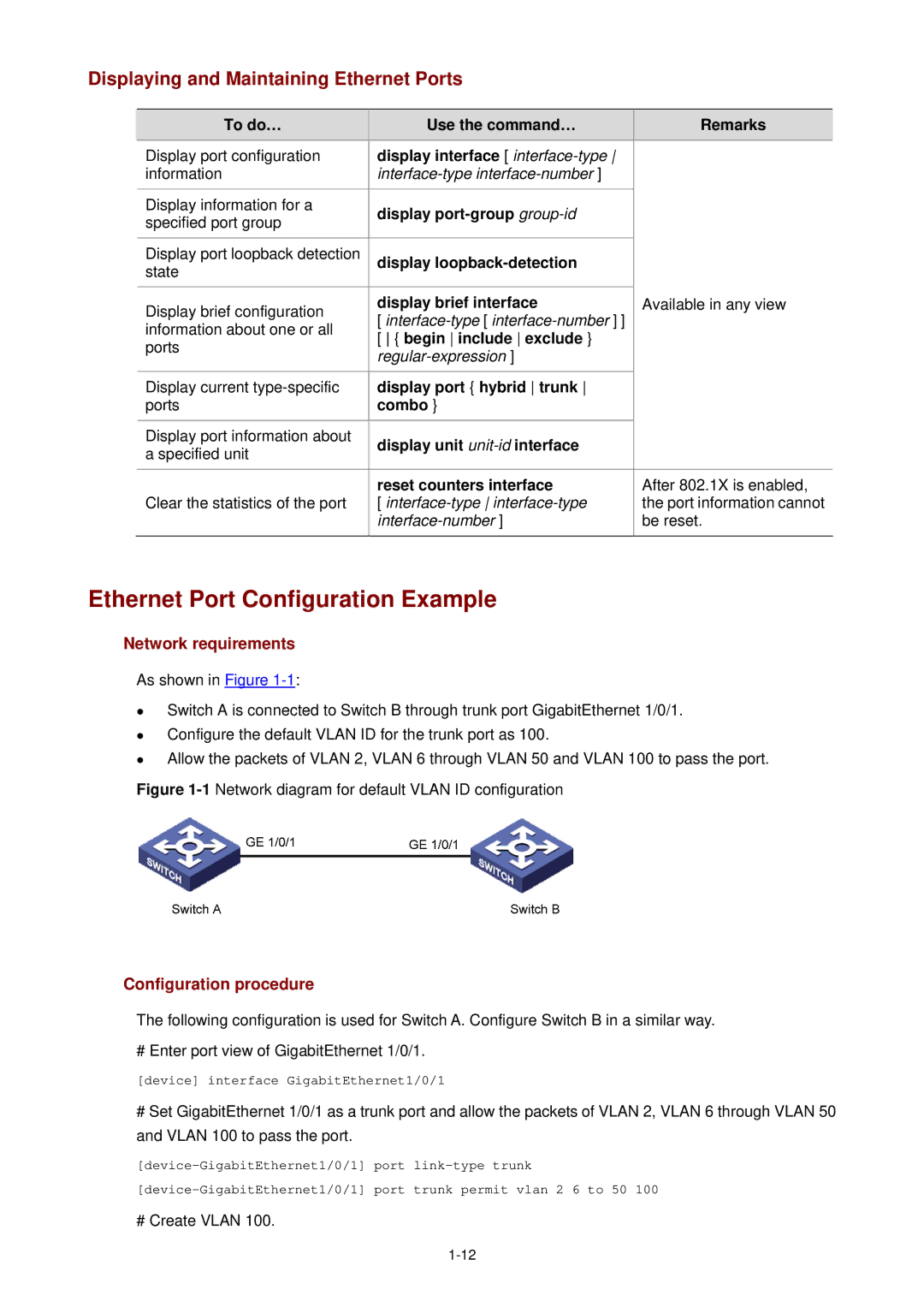 3Com WX3000 operation manual Ethernet Port Configuration Example, Displaying and Maintaining Ethernet Ports 