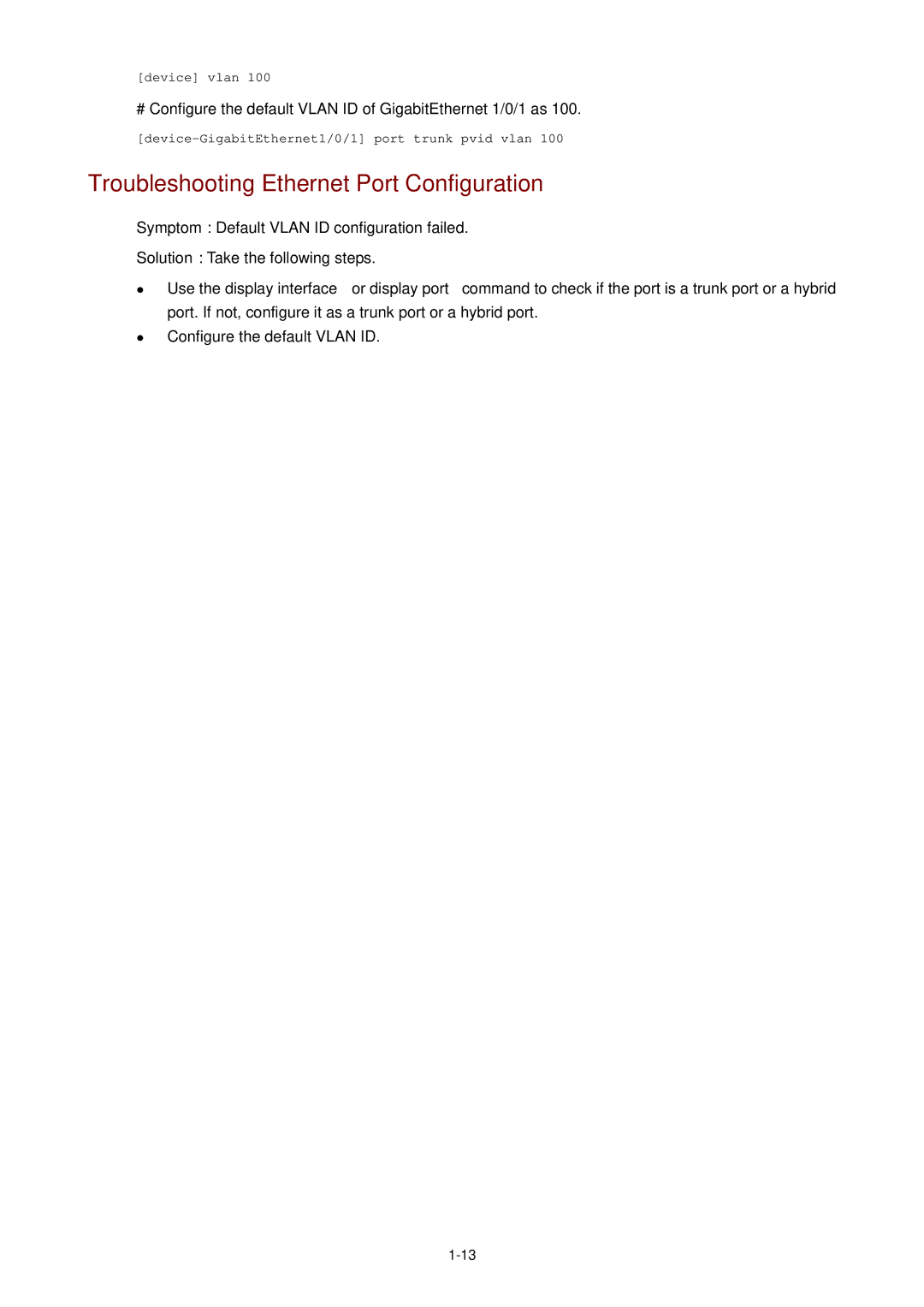 3Com WX3000 Troubleshooting Ethernet Port Configuration, # Configure the default Vlan ID of GigabitEthernet 1/0/1 as 