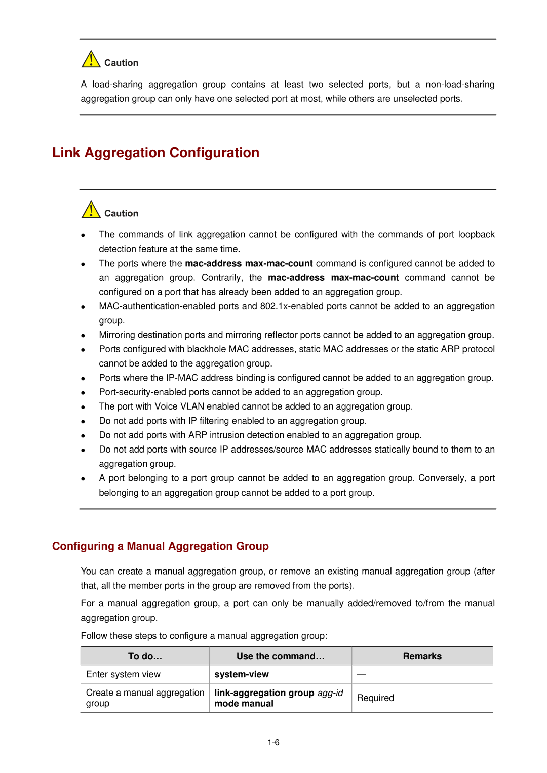 3Com WX3000 operation manual Link Aggregation Configuration, Configuring a Manual Aggregation Group 