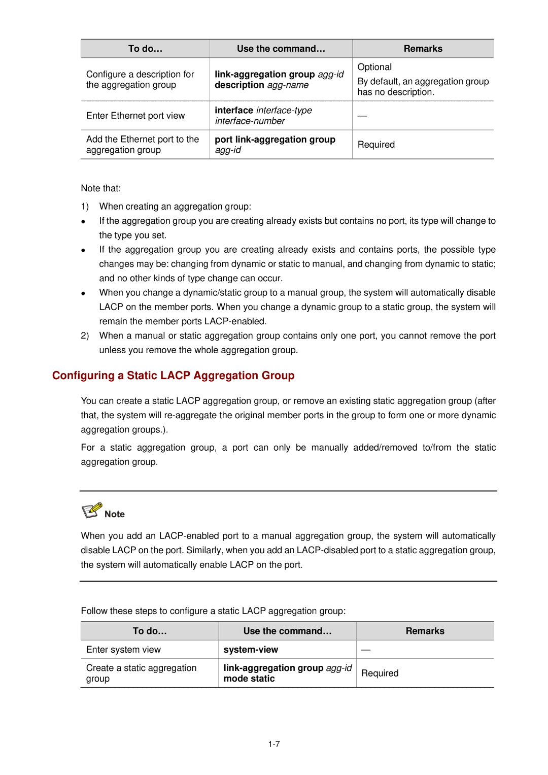 3Com WX3000 Configuring a Static Lacp Aggregation Group, Description agg-name, Port link-aggregation group, Agg-id 