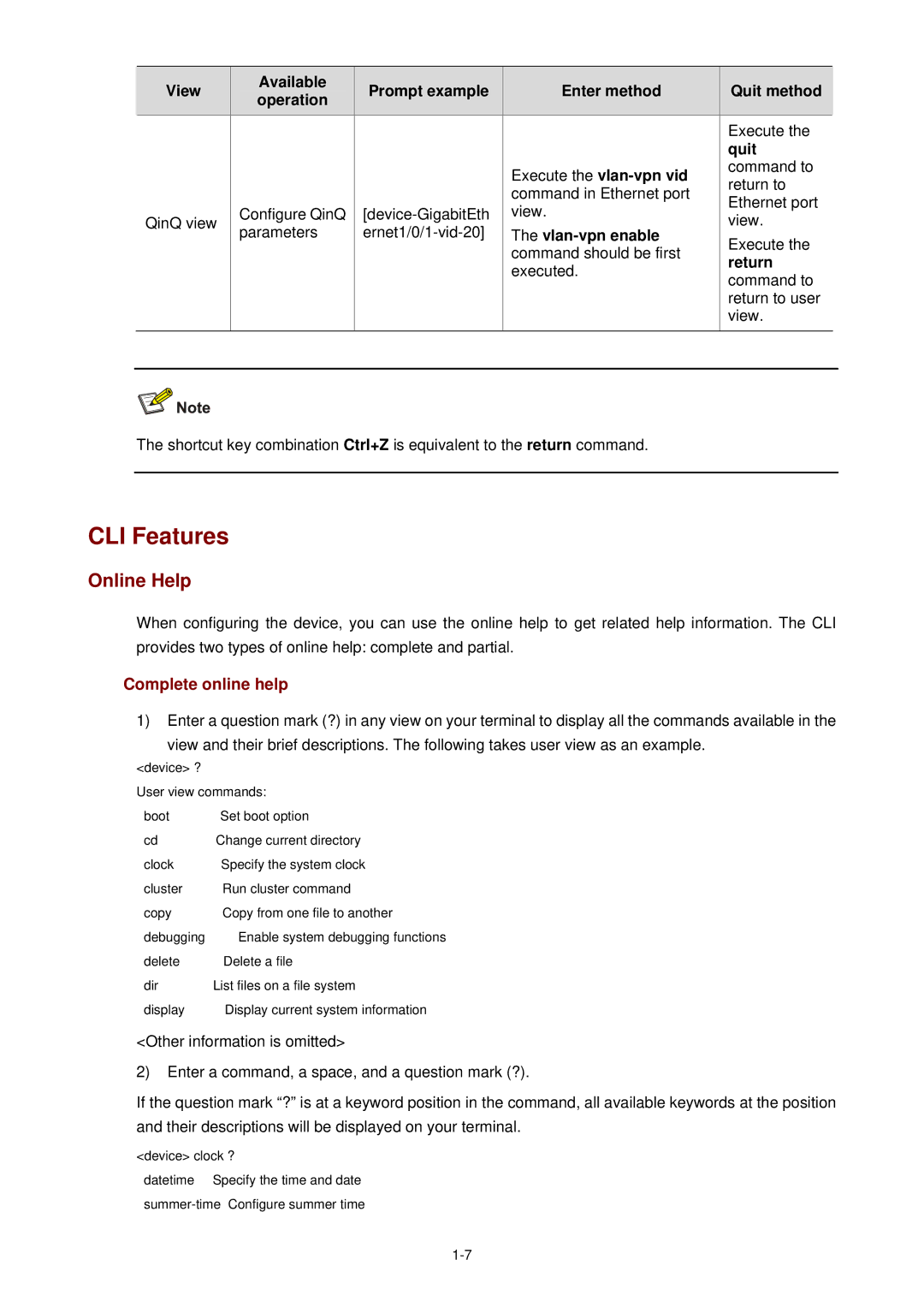 3Com WX3000 CLI Features, Online Help, Complete online help, Vlan-vpn enable, Execute Command should be first 