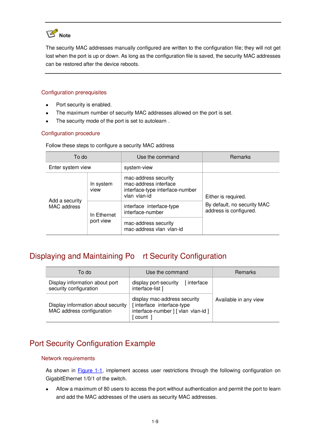 3Com WX3000 operation manual Displaying and Maintaining Port Security Configuration, Port Security Configuration Example 