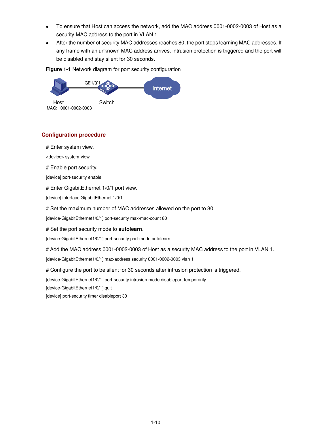 3Com WX3000 operation manual HostSwitch, # Enable port security, # Enter GigabitEthernet 1/0/1 port view 