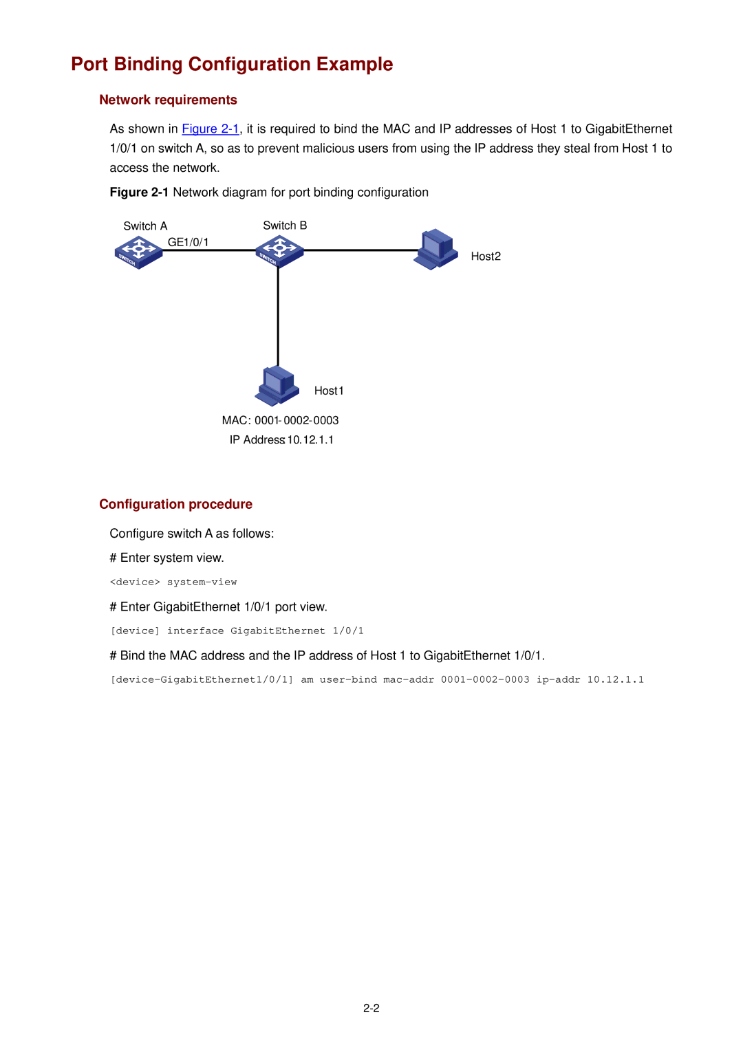 3Com WX3000 operation manual Port Binding Configuration Example, Configure switch a as follows # Enter system view 