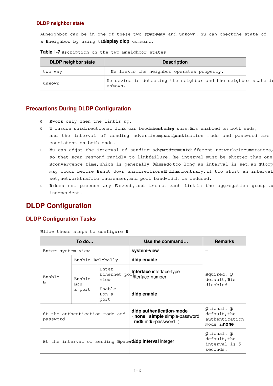 3Com WX3000 operation manual Precautions During Dldp Configuration, Dldp Configuration Tasks, Dldp neighbor state 