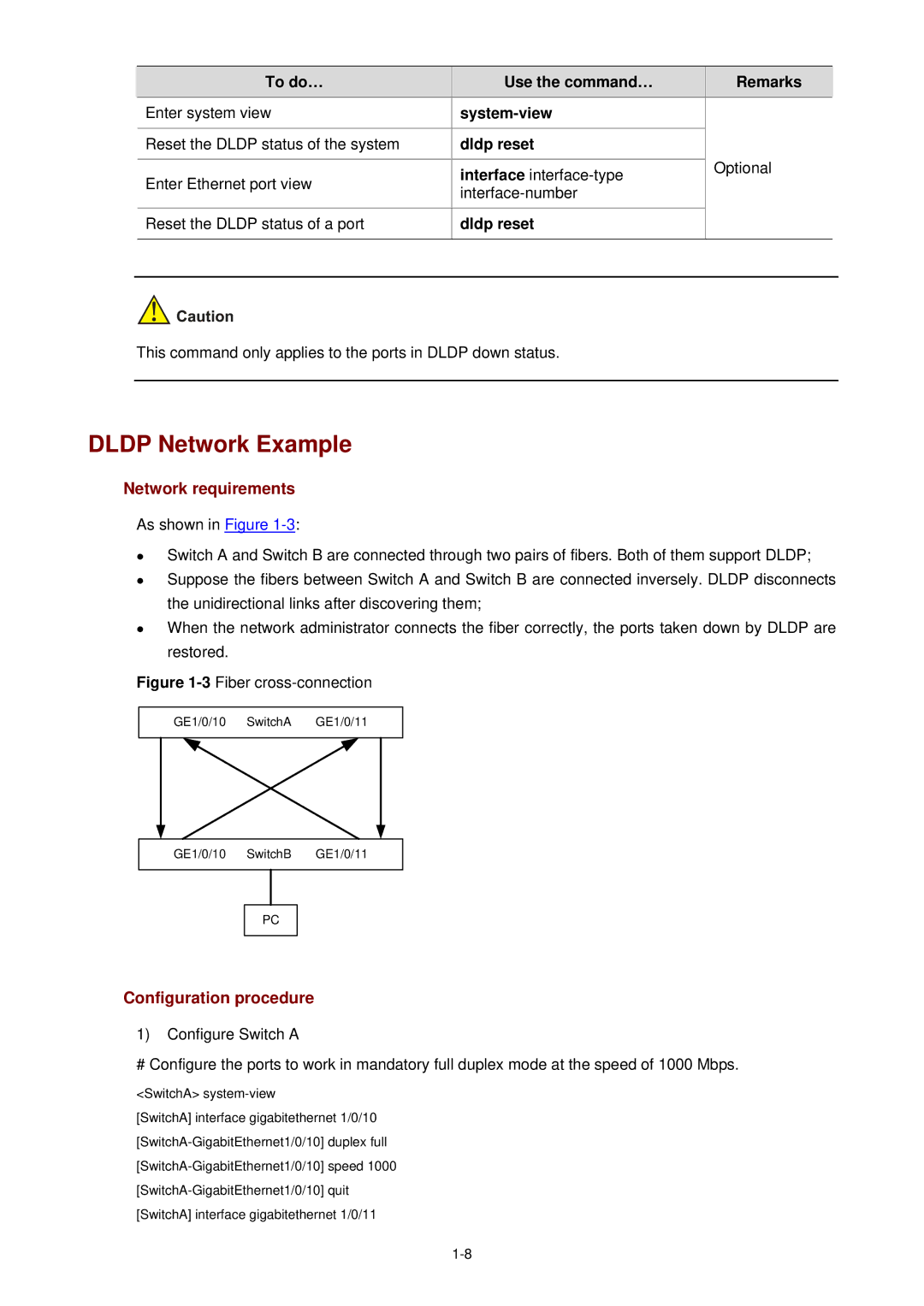 3Com WX3000 operation manual Dldp Network Example, Reset the Dldp status of a port Dldp reset 