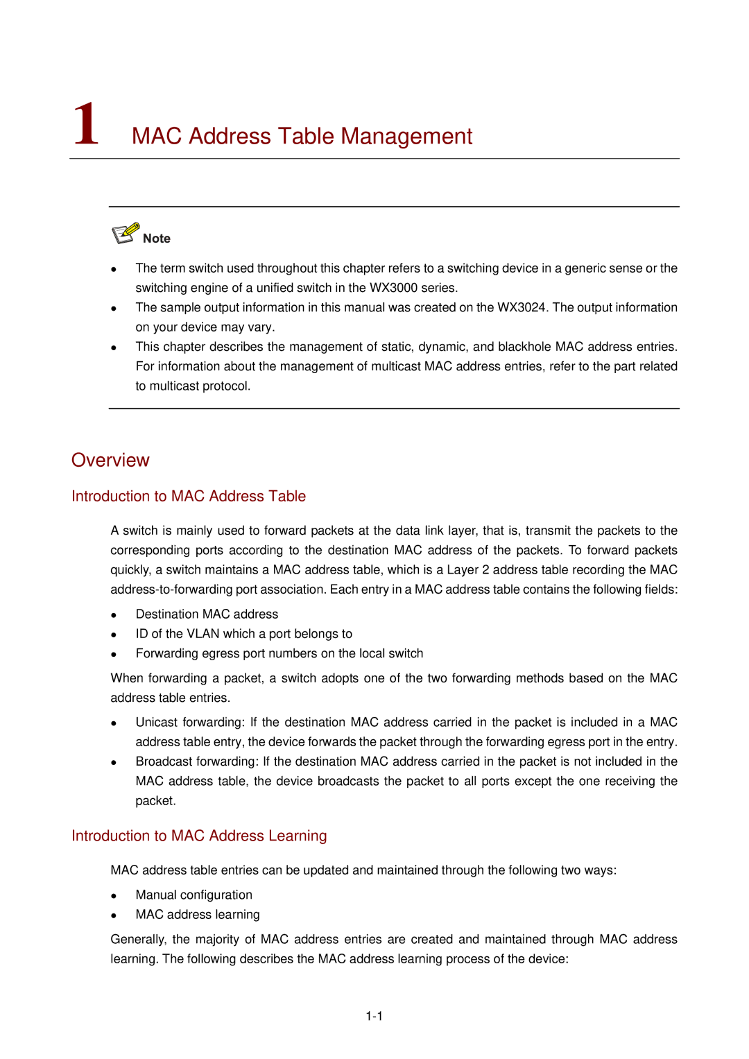 3Com WX3000 MAC Address Table Management, Introduction to MAC Address Table, Introduction to MAC Address Learning 