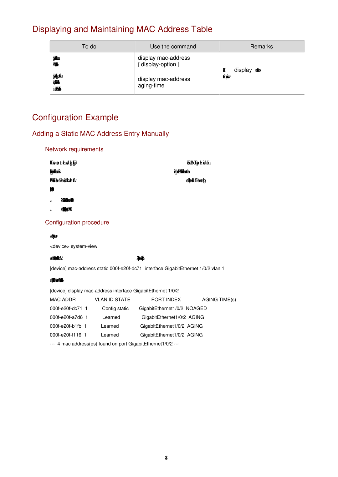 3Com WX3000 Displaying and Maintaining MAC Address Table, Configuration Example, Display mac-address, Aging-time 