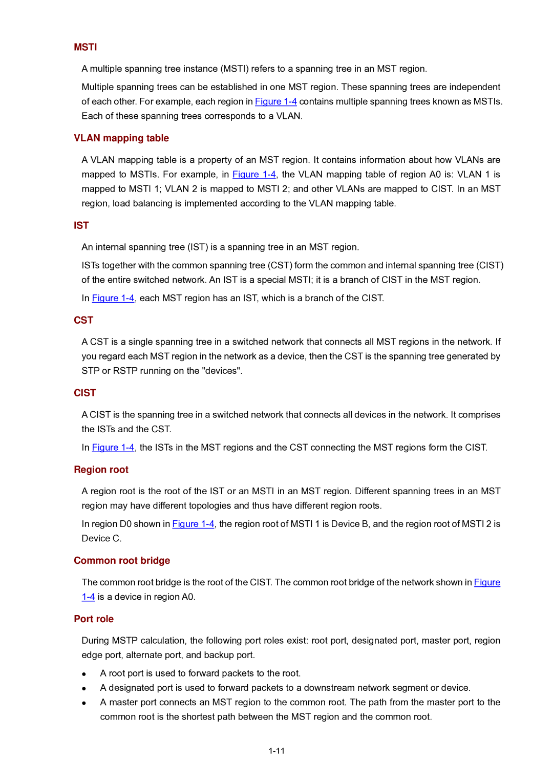 3Com WX3000 operation manual Vlan mapping table, Region root, Common root bridge, Port role 