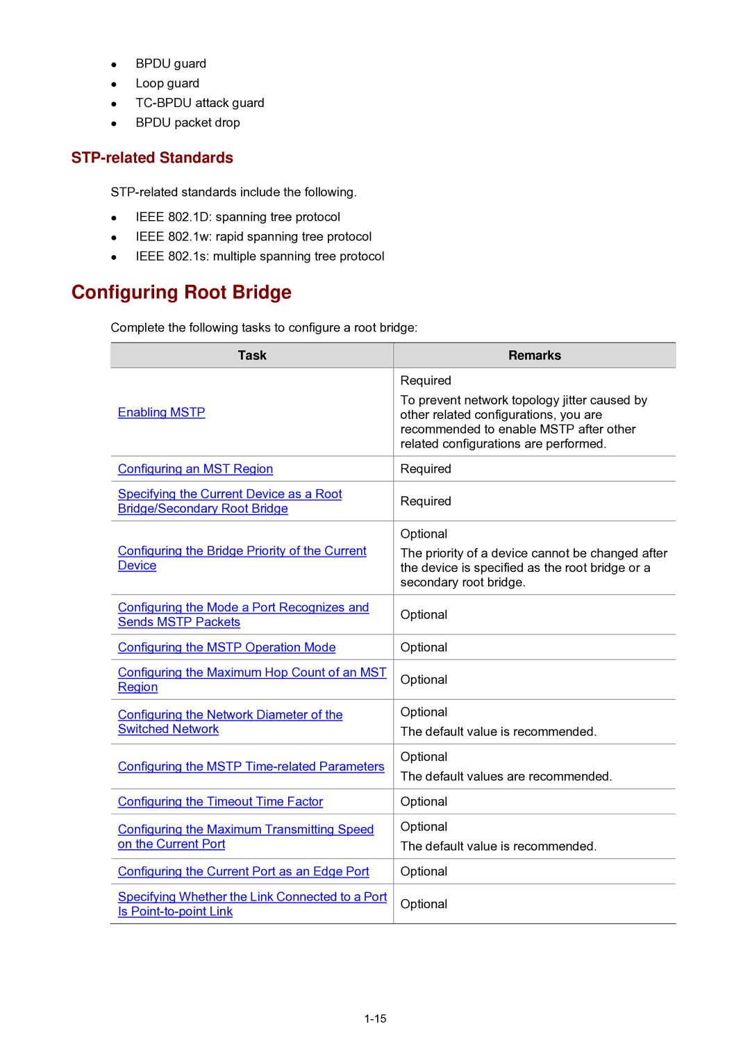 3Com WX3000 Configuring Root Bridge, STP-related Standards, Bpdu guard Loop guard TC-BPDU attack guard Bpdu packet drop 