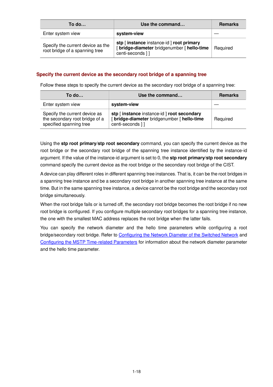 3Com WX3000 operation manual Centi-seconds, Stp instance instance-id root secondary 