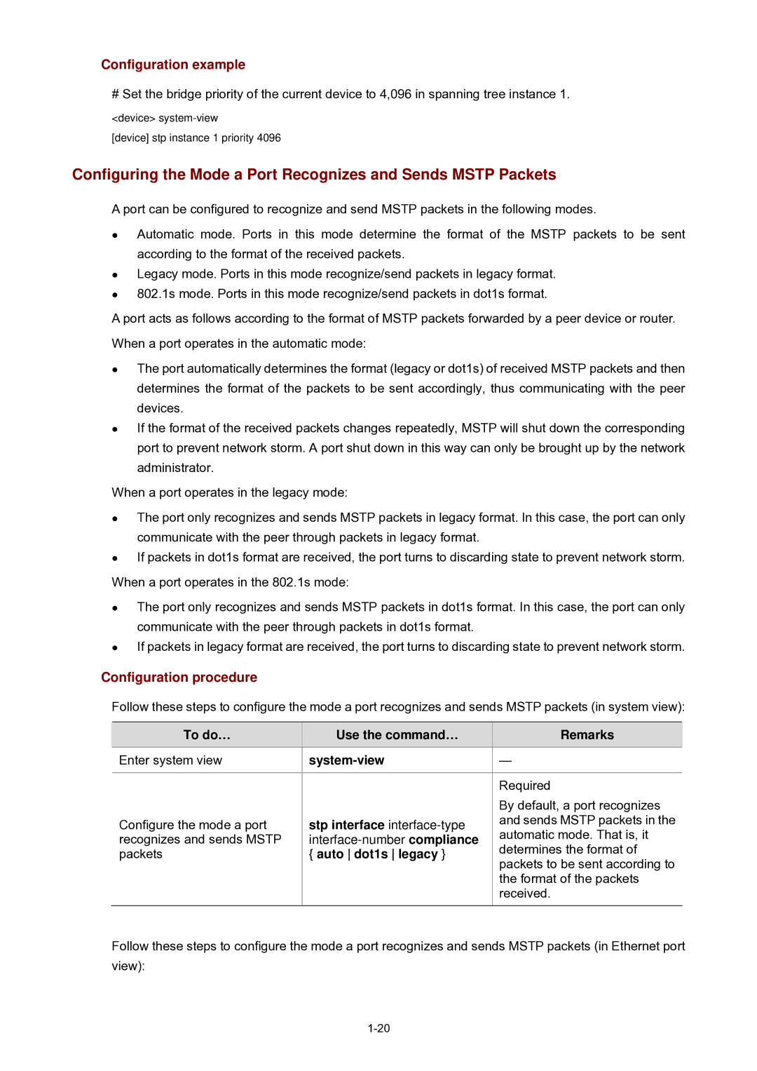 3Com WX3000 operation manual Stp interface interface-type, Interface-number compliance, Auto dot1s legacy 