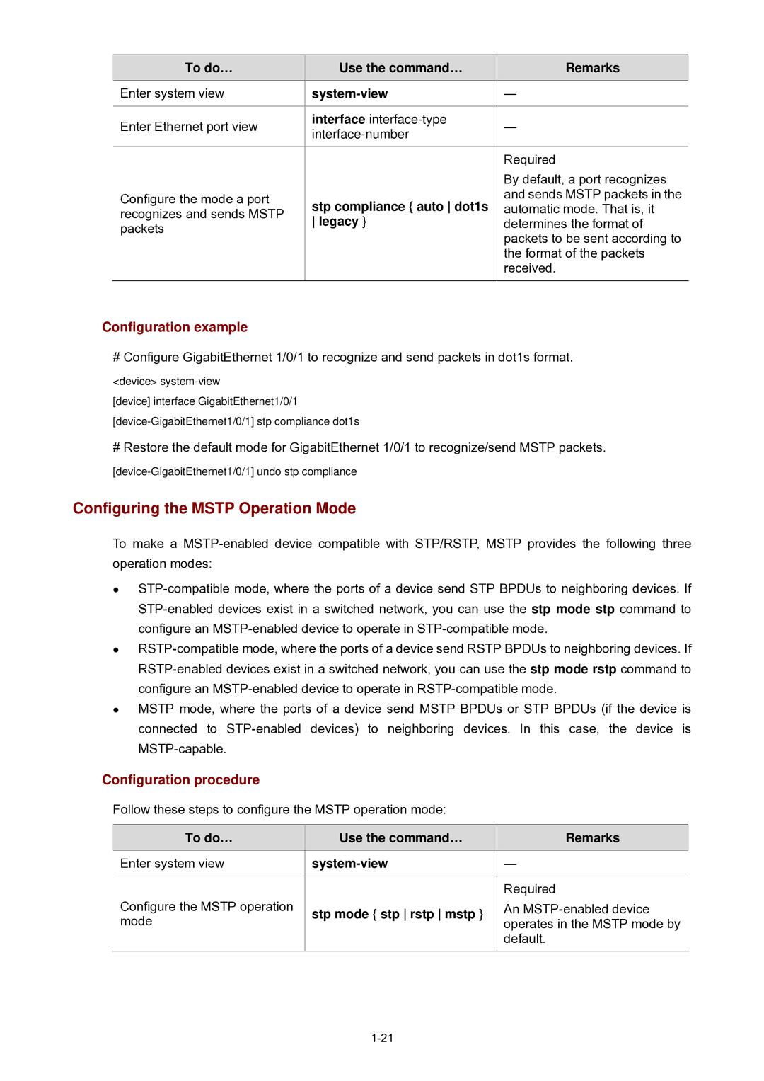 3Com WX3000 operation manual Configuring the Mstp Operation Mode, Stp compliance auto dot1s, Legacy, Stp mode stp rstp mstp 